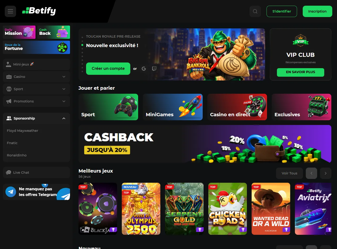 Page d'accueil Betify avec le menu du casino, le cashback et les meilleurs jeux