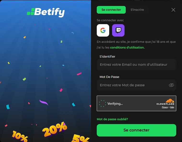 Fenêtre Se connecter de Betify sur ordinateur avec Google, Twitch et la vérification Cloudflare