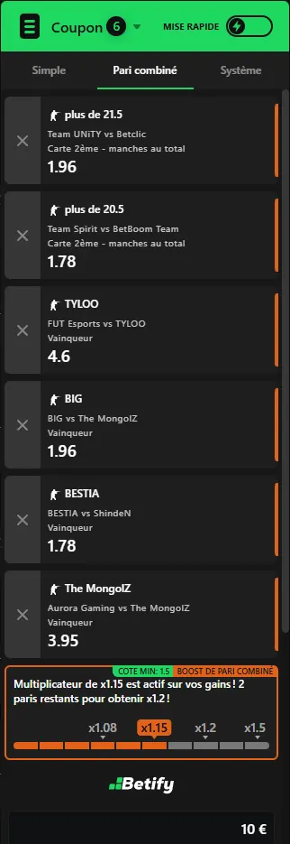 Coupon Betify en mode pari combiné avec six sélections de Counter-Strike et un boost de x1.15