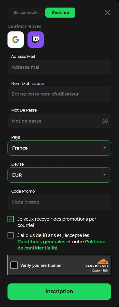 Onglet S'inscrire de Betify avec e-mail, nom d'utilisateur, mot de passe, pays France et devise EUR