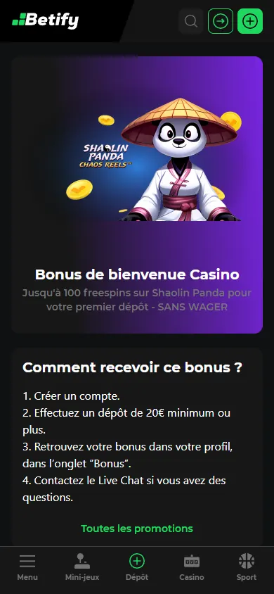 Page du bonus de bienvenue casino Betify sur mobile avec Shaolin Panda