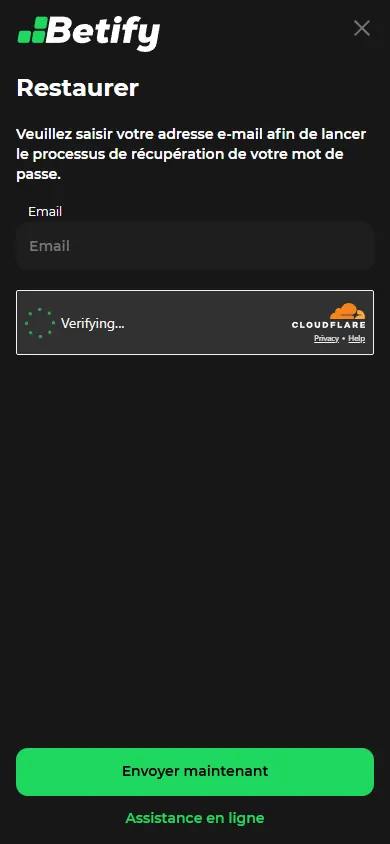 Écran Restaurer de Betify pour récupérer un mot de passe par e-mail
