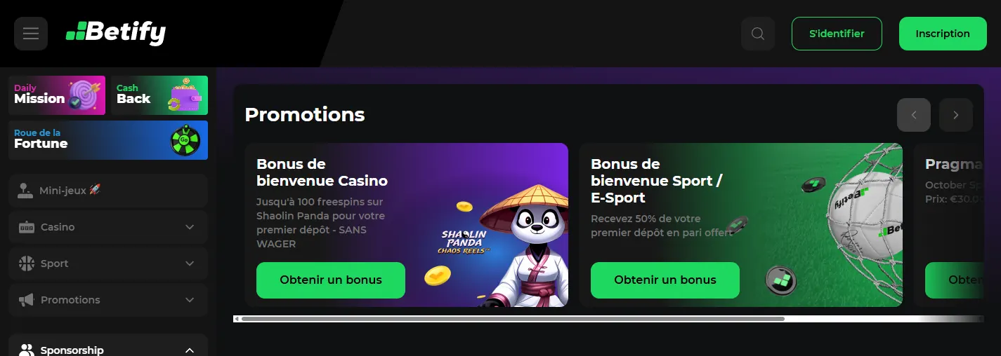Page Promotions Betify avec le bonus casino Shaolin Panda et le freebet sport