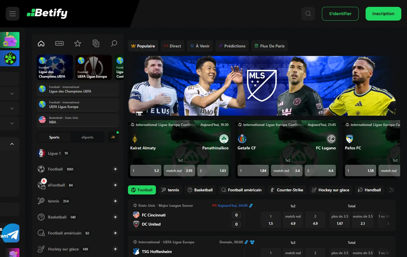Page des paris sportifs Betify sur ordinateur, avec le menu des sports et les cotes des matchs