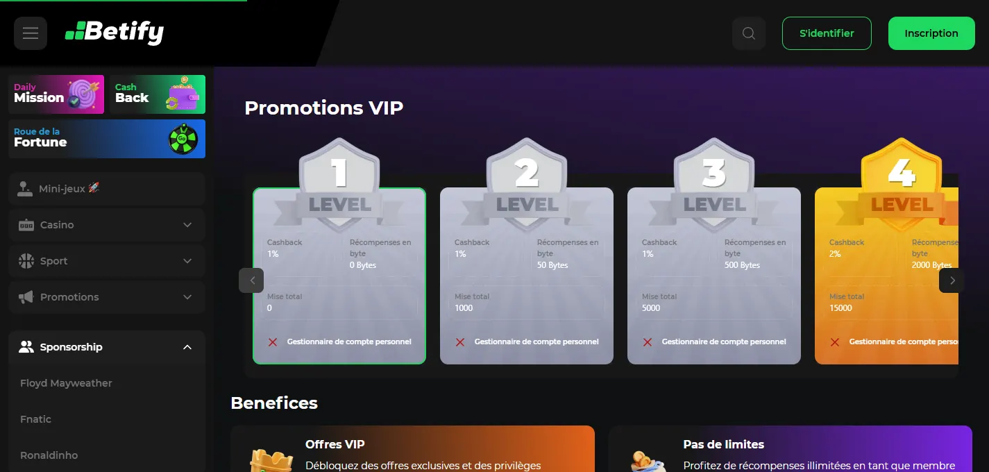 Club VIP Betify avec les premiers niveaux et leurs avantages